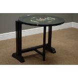 20th century black lacquered folding circular table with Shibayama decoration, D61cm,