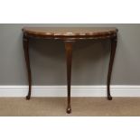 Reproduction mahogany demi-lune side table, moulded scalloped edge, W90cm, H71cm,