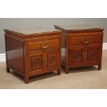 Pair oriental rosewood bedside cabinets, drawer and double cupboard with carved dragon, W51cm,