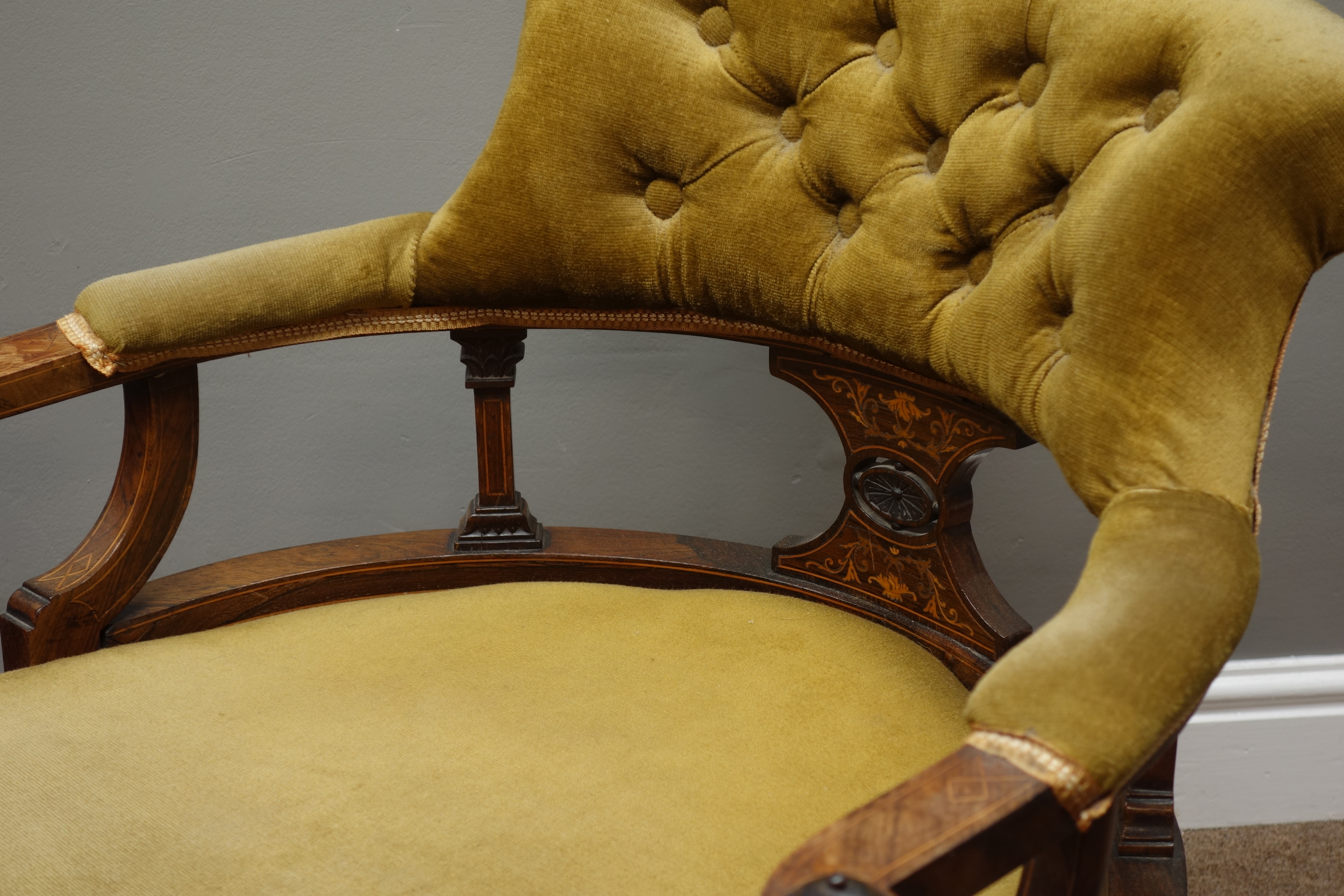 Pair Edwardian inlaid rosewood tub shaped armchairs, inlaid with scrolling foliage, - Image 2 of 2