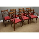 Set seven Regency style mahogany dining carver armchairs, reeded scroll arms,