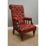 Victorian beech framed armchair upholstered in deep red floral pattern fabric Condition
