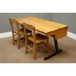 Late 20th century beech double school desk (W112cm, H52cm, D57cm),