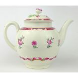 Late 18th century globular teapot, painted with floral sprays below a fish scale border,