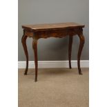 Early 19th century French inlaid walnut card table, shaped serpentine fold over top, baize lined,