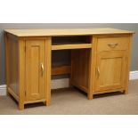 Light oak twin pedestal computer desk, two cupboards and drawer, W141cm, H77cm,