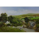 Widecombe in the Moor, oil on canvas signed by Douglas E West (British 1931-) 50cm x 75.