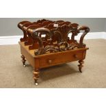 Victorian walnut Canterbury, three divisions with carved scrolls and fans, single drawer,