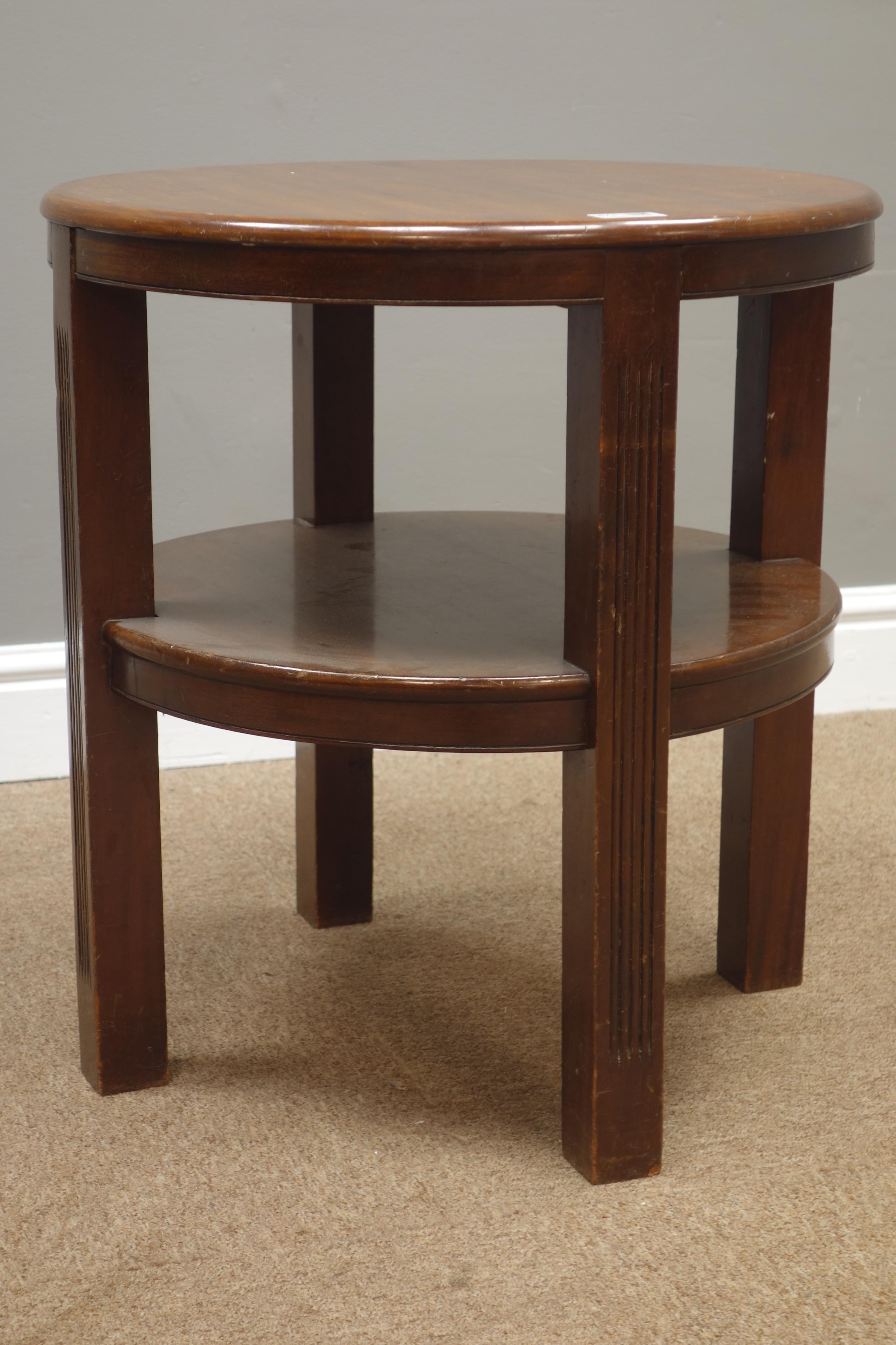 Art Deco period mahogany two tier coffee table, D51cm,