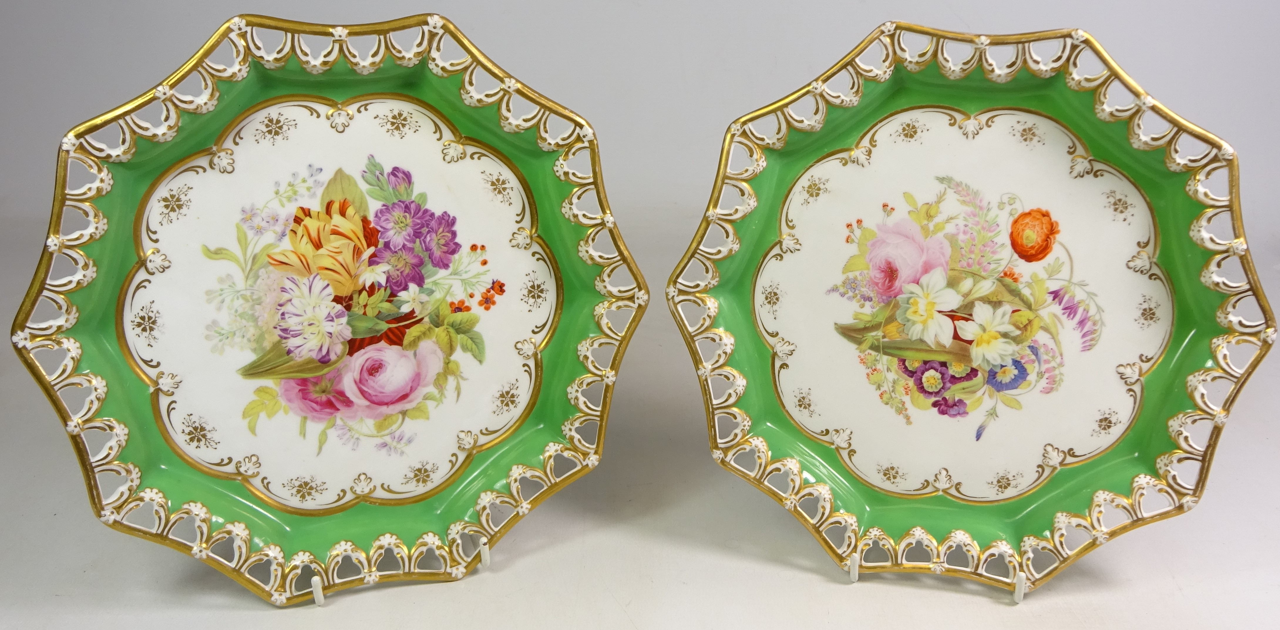 Pair mid 19th century John Ridgway octagonal shallow dishes hand painted with spring flowers,