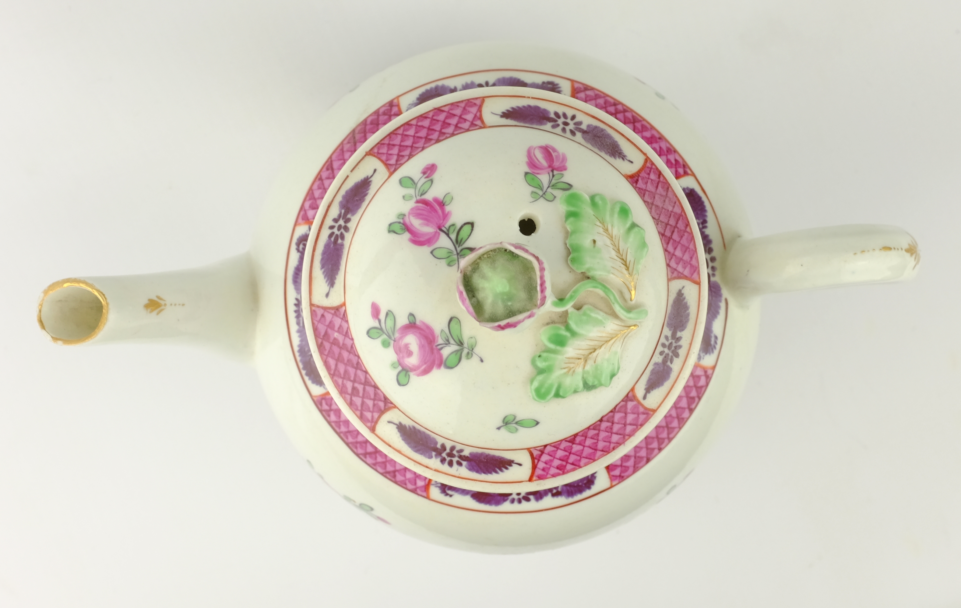 Late 18th century globular teapot, painted with floral sprays below a fish scale border, - Image 6 of 8