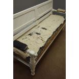 Late Victorian white painted oak bench, panelled back, turned supports,