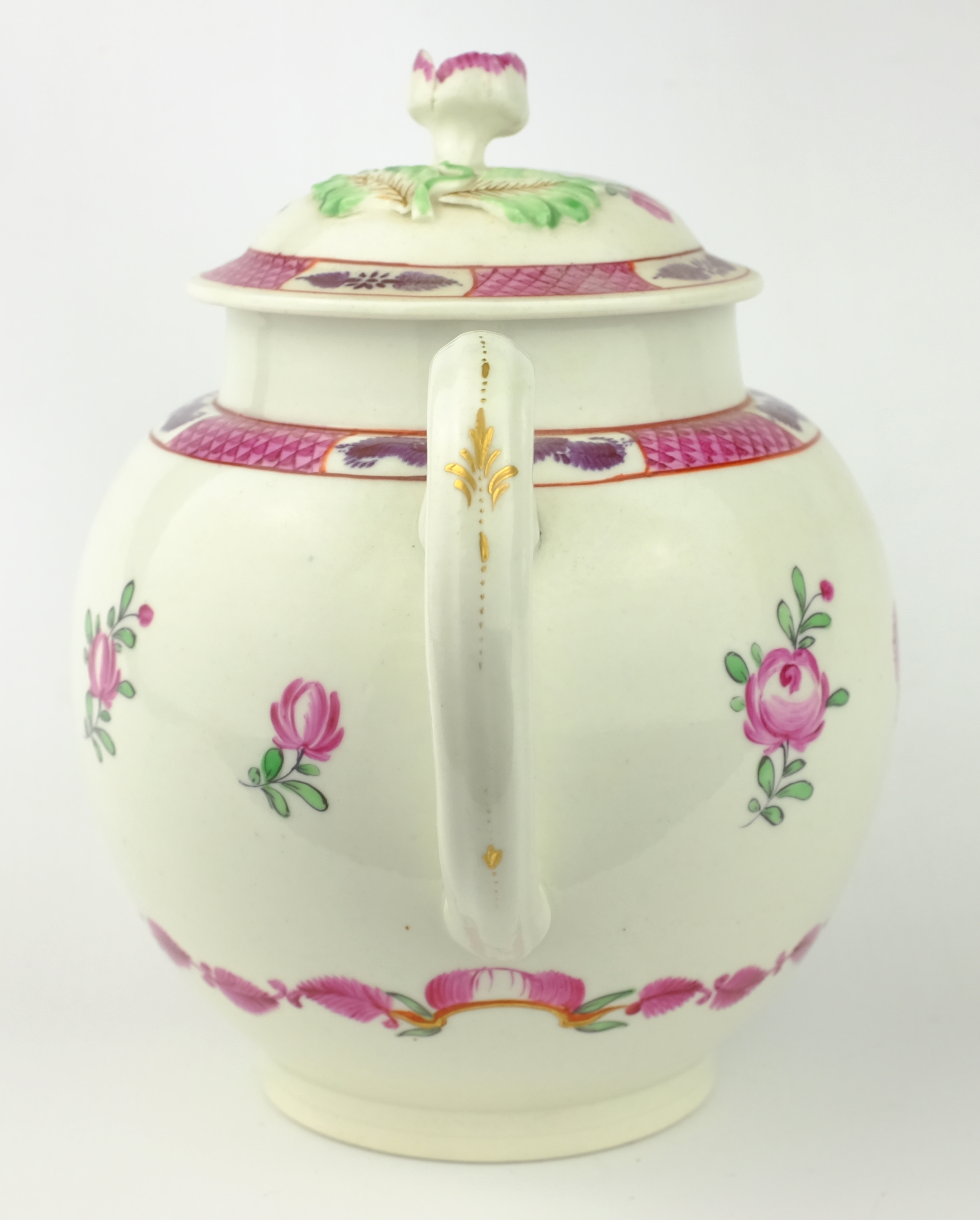 Late 18th century globular teapot, painted with floral sprays below a fish scale border, - Image 5 of 8