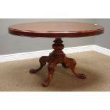 Victorian mahogany loo table, moulded oval tilt top, turned column with four splayed legs,