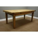 Rustic solid oak rectangular drawer leaf dining table, square tapering supports, H78cm,