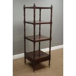 George III mahogany what not, four figured tiers, collar turned supports, with drawer to base,