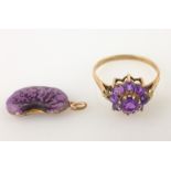 9ct gold amethyst cluster ring Edinburgh 1977 and rose gold mounted kidney bean stamped 9ct