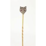 Diamond pavé set fox mask gold stick pin with ruby eyes tested to 9ct Condition Report