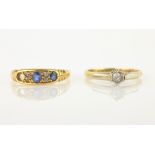 Single stone diamond ring stamped Fine Plat and a Victorian diamond and sapphire ring