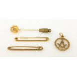 14ct gold nugget stick pin stamped 585, 15ct gold bar brooch hallmarked,