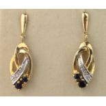 Pair of gold sapphire and diamond pendant ear-rings hallmarked 9ct Condition Report