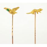 Gold beaver tested to 22ct on rose gold pin tested to 9ct and a gold and enamel pheasant stick pin