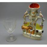 19th century Masonic glass rummer and a Victorian Staffordshire flat-back spill vase depicting a