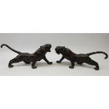 Pair 20th century Japanese striped patinated bronze snarling tigers,