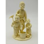 Japanese Meiji period carved ivory Okimono group, depicting a father and two children,