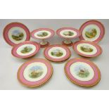 Victorian Minton Topographical Dessert Service painted with landscapes & seascapes within pink &