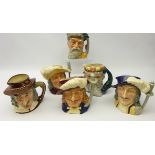 Six Royal Doulton character jugs; Athos, Neptune, Robinson Crusoe, Izaak Walton,