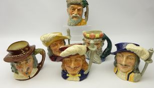 Six Royal Doulton character jugs; Athos, Neptune, Robinson Crusoe, Izaak Walton,