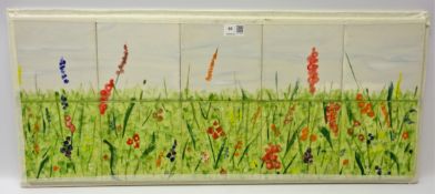 Set of ten hand glazed tiles depicting a summer meadow,