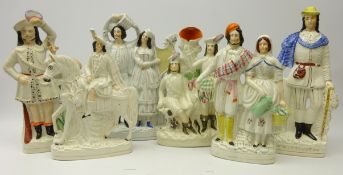 Six large Victorian Staffordshire figural flatbacks and spill vase,