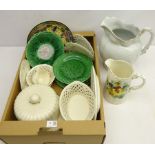 Victorian cheese bell, Victorian Majolica leaf moulded plates,