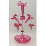 Victorian cranberry glass centrepiece epergne, central trumpet vase,