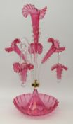 Victorian cranberry glass centrepiece epergne, central trumpet vase,
