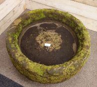 Large 18th/19th century circular stone shallow trough/planter, weathered, D100cm,