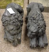 Pair black finish composite stone recumbent lions on plinths,