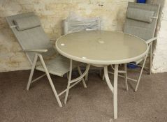 Circular glass top and metal garden table (D102cm, H74cm),