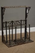 20th century wrought metal scroll boot rack with scraper, W63cm, H75cm,