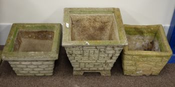 Three composite stone brick effect square planters Condition Report <a