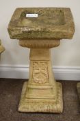 Stone finish square shallow bird bath, on moulded column,