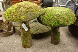 Two stone mushroom staddle stones with weathered dome tops Condition Report <a