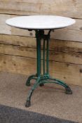 20th century French garden table, circular marble top, cast iron base, D60cm,