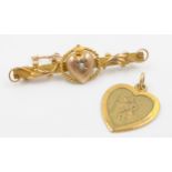 9ct gold seed pearl brooch Chester 1916 and heart St Christopher pendant both hallmarked