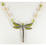 Silver peridot, pearl and marcasite enamelled dragon fly necklace