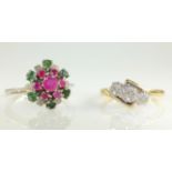 Three stone diamond ring stamped 18ct plat and a ruby and white gold emerald cluster ring tested to