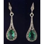 Pair of marcasite and green stone pendant silver ear-rings stamped 925 Condition Report