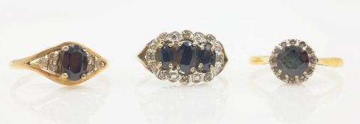 Three sapphire and diamond cluster rings hallmarked 9ct Condition Report 7.